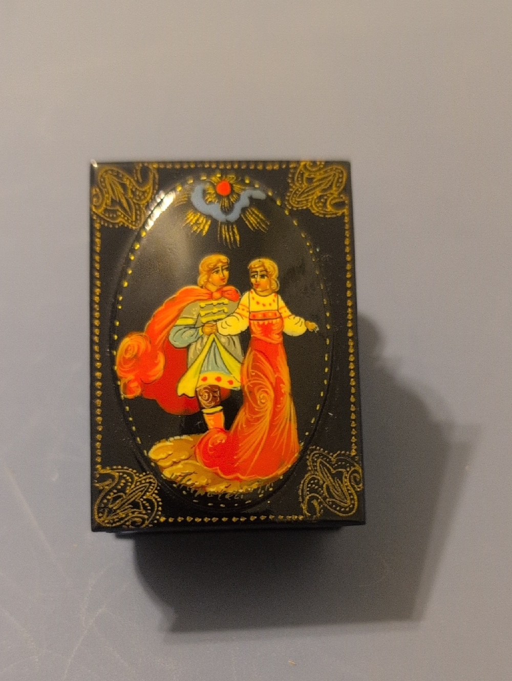 Hand-Painted Black Lacquer Trinket Box with Red and Gold Folk Art